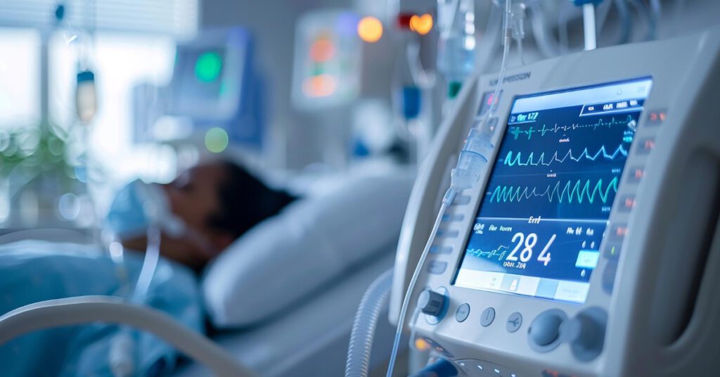 Medizinisches Gerät im Krankenhaus mit Patient im Hintergrund. Content-Strategie für Medizintechnik-Unternehmen beim Textquartier Marius von der Forst.